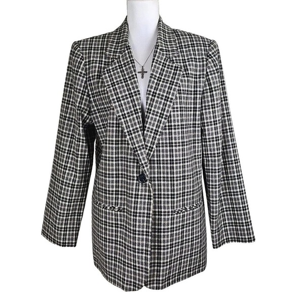 PROPHECY BY SAG HARBOR ~Woman Size 14~ Black/Gray Plaid Print Wool Blend Blazer. - Picture 4 of 12